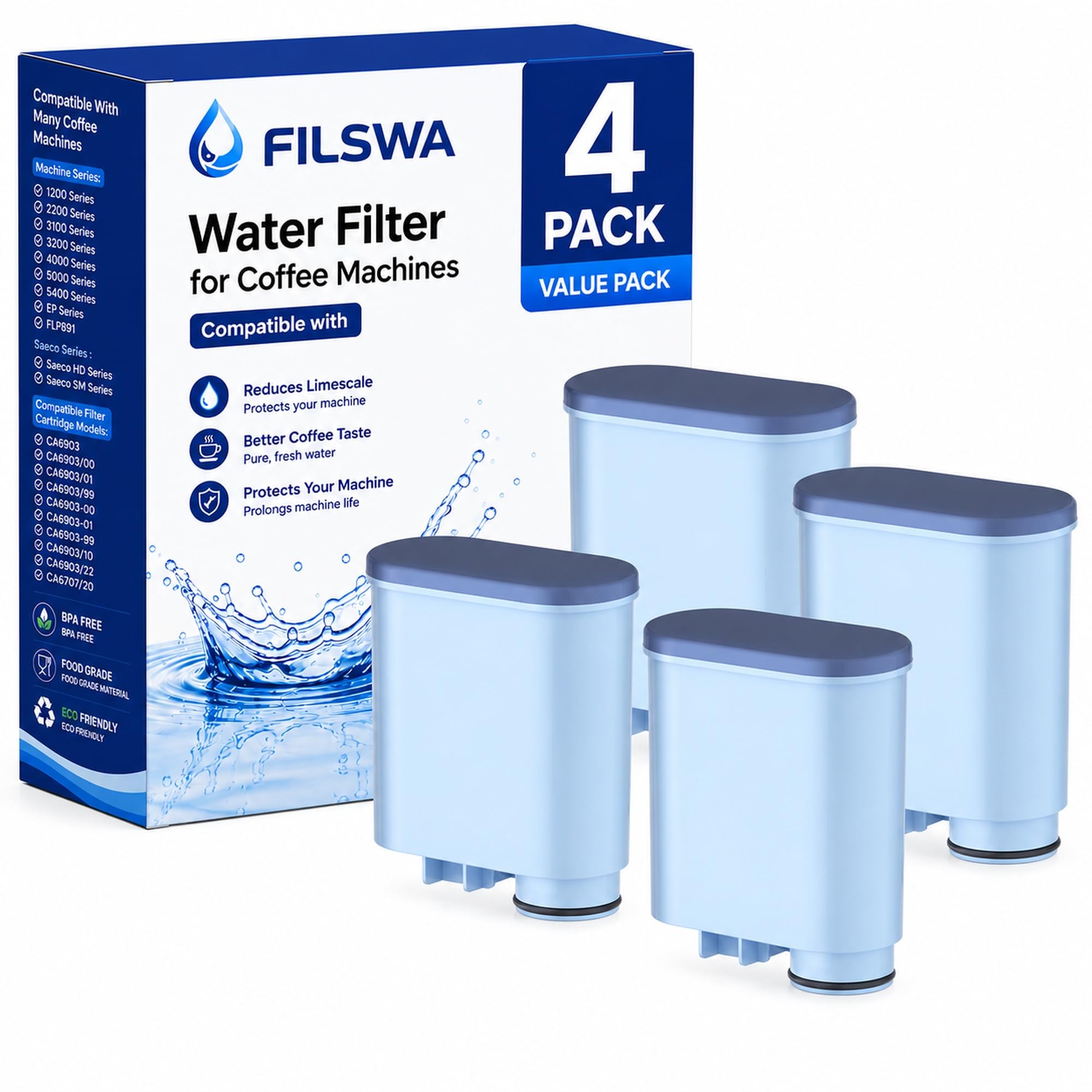 Filswa Fully Automatic Coffee Machine Water Filter, Replacement Compatible with Philips 3100, Philips 4000, 5000, Saeco AquaClean CA6707 CA6903/00 CA6903/01 CA6903 Limescale Filter Aqua Clean