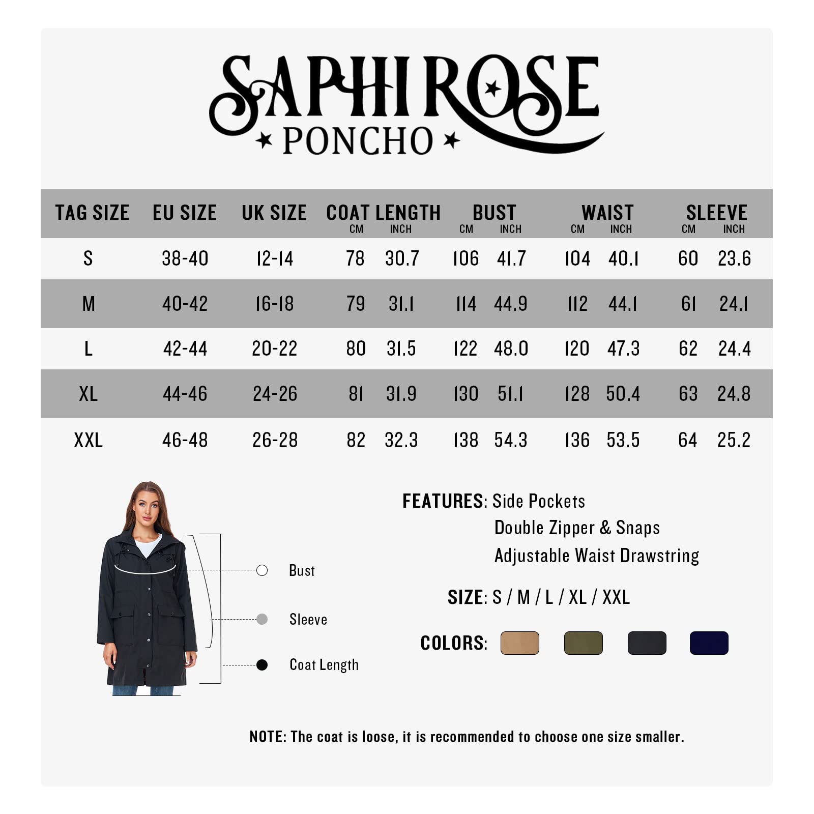 SaphiRose PONCHO Veste de Pluie Longue pour Femme Manteau à Capuche Coupe-Vent Imperméable d'Extérieur
