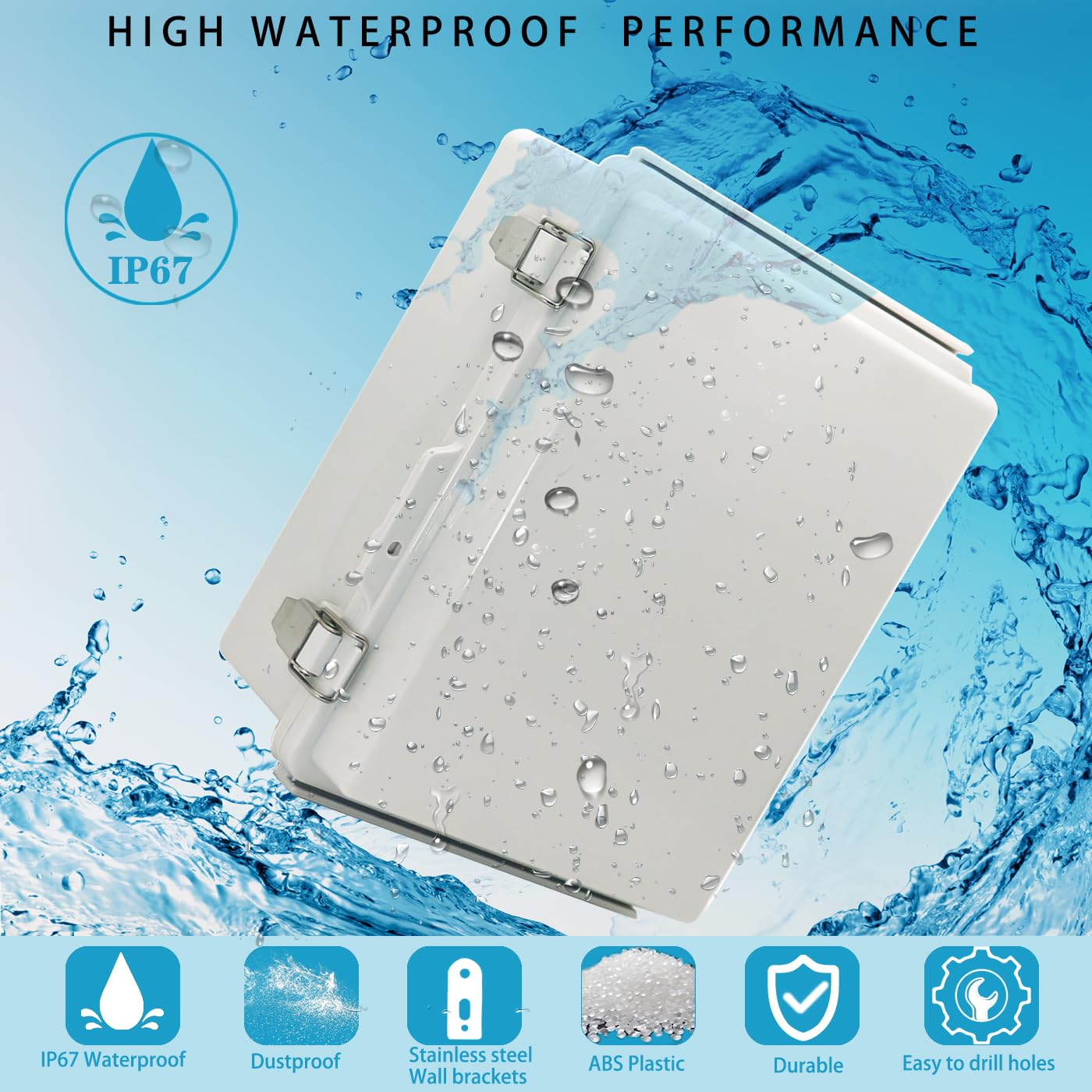 Waterproof Electrical Box with Mounting Plate, IP67 Junction Box Stainless Steel Latch Hinged Grey Cover Project Enclosure with Wall Bracket and 2 Glands 8.3" x 6.3" x 3.9"