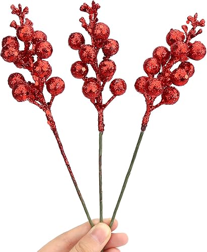 Miniatura 3 de DIYASY Tallos artificiales de bayas rojas, 20 piezas de 7.8 pulgadas con purpurina para adornos del árbol de Navidad, corona de Navidad, decoración