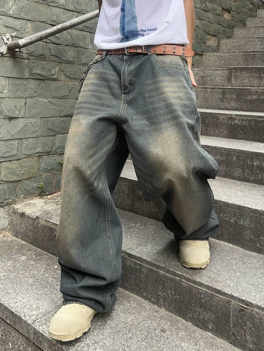 HUNGSON Mens Baggy Jeans for Men Women Y2k Skater Vintage Plain Pants Casual Wide Leg Jeans Loose Fit Denim Jeans - Image 5