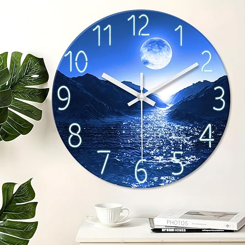 Miniatura 13 de XFM Reloj de pared azul de 12 pulgadas Luna Relojes de pared con pilas, silencioso, sin tictac, moderno, decorativo, redondo, analógico, para sala