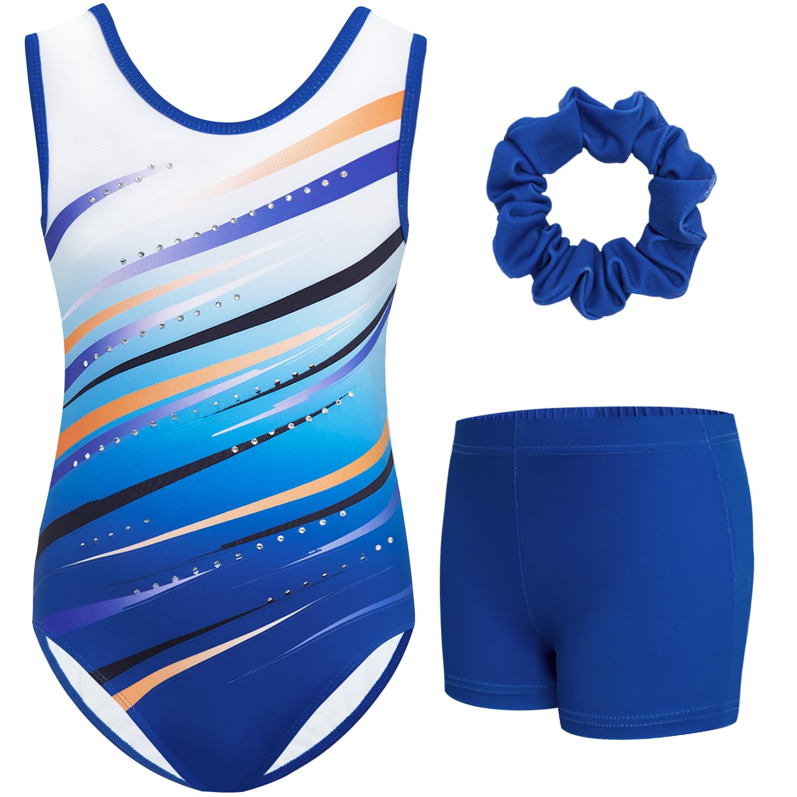 Gogokids Ärmelloses Gymnastiktrikot-Set für Mädchen, dreiteilig mit Shorts und Haargummi, Kinder Gymnastik Outfits mit Aushöhlen & überkreuztem Design, Glitzer Ballett-Einteiler für Alter 3-12