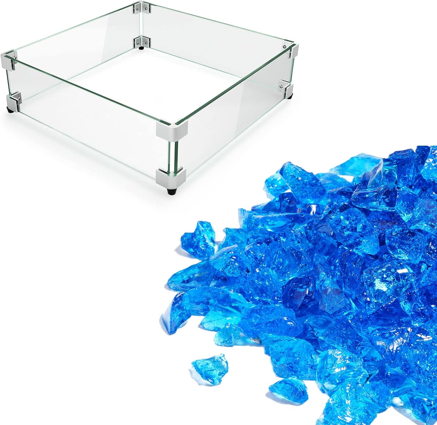 GASPRO 17.5 Inch Square Fire Pit Glass Wind Guard and 10LB High Luster Turquoise Fire Glass