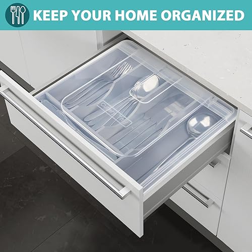 Miniatura 7 de Soporte para utensilios para encimera con tapa, bandeja de cubiertos de plástico para cajón, organizador de cubiertos de 5 compartimentos, gris