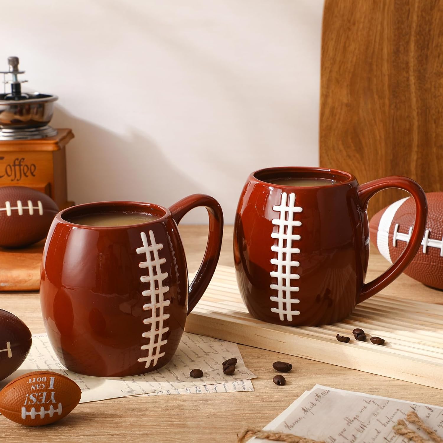 FoldTier 2 Pcs 17oz Football Ceramic Coffee Mugs, 3D Handmade Sports Design Porcelain Cups with Handle, Hand Painted Large Tea Mugs for Coffee Cocoa and Hot Drinks Sport Gift for Men and Women