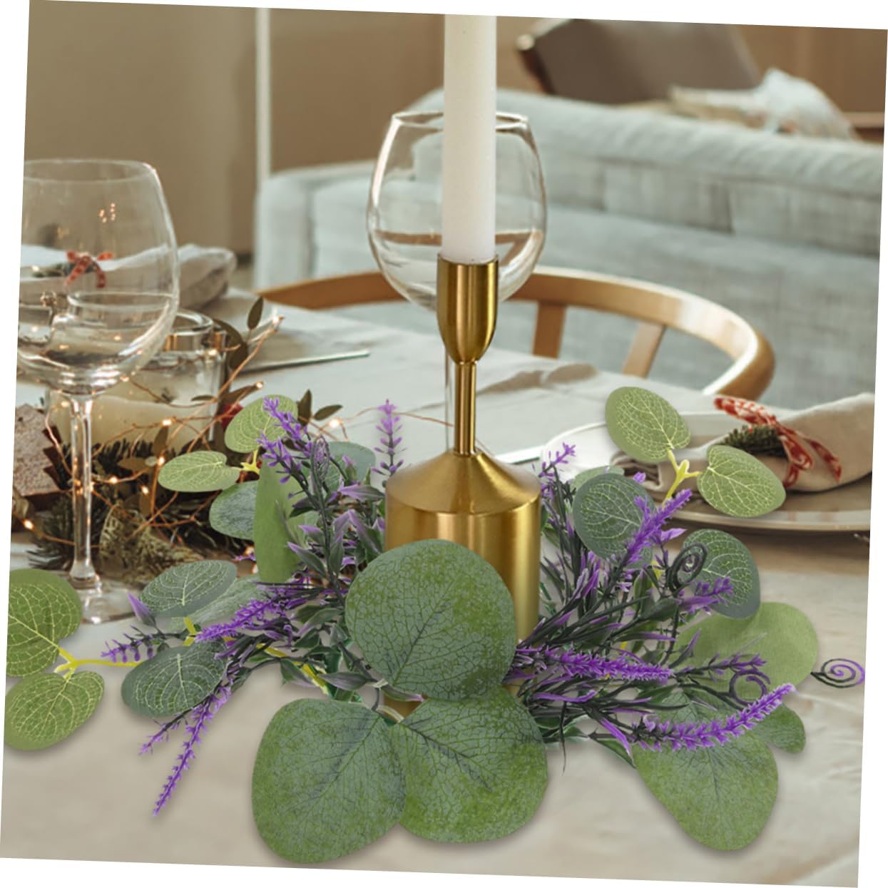 2pcs Eucalyptus Candle Flowers for Home Decor Green Leaf Candle Holders for Weddings Tabletop and Door Wreaths
