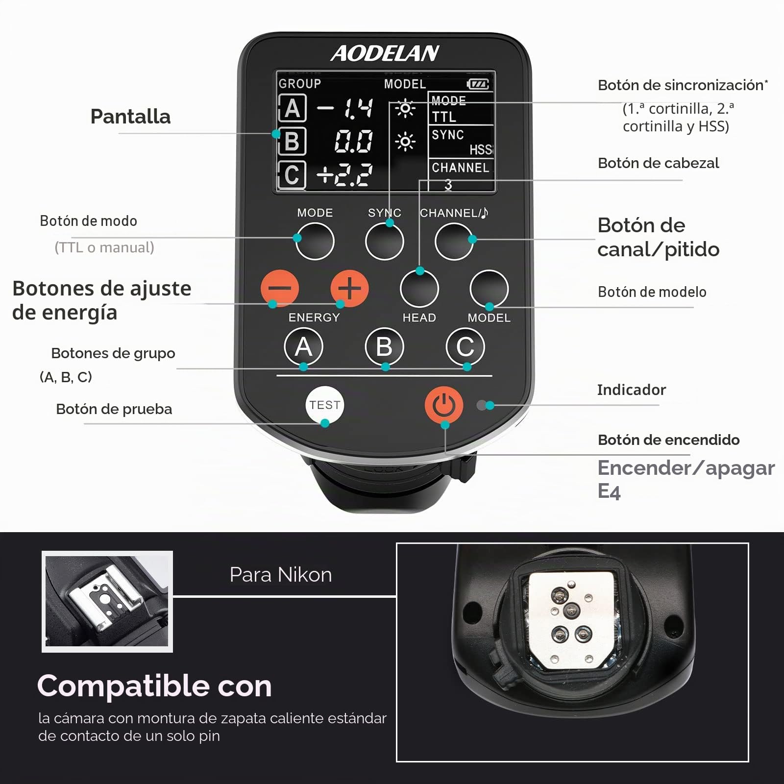 AODELAN Disparador de flash inalámbrico TTL con sincronización de alta velocidad HSS 1/8000s para cámara Nikon; reemplaza el control remoto Profoto Air TTL-N