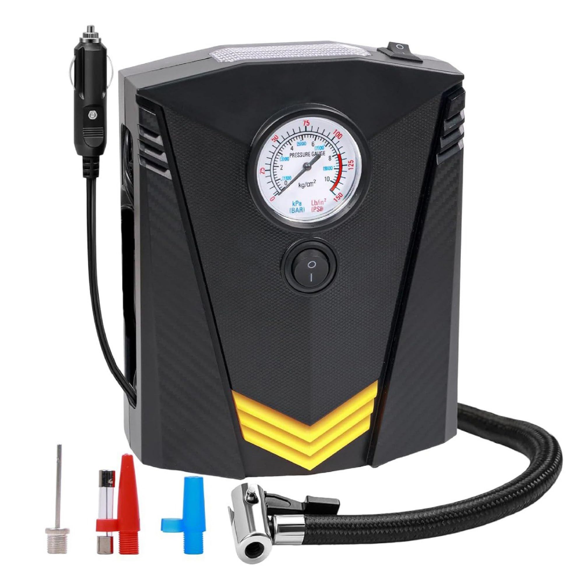 Bellox Car Tyre Inflator Pump- Heavy Duty Electric Air Compressor Pump Portable Tyre Inflator for Car with Built-in LED Light, 12V 100 PSI High Pressure Dial Gauge for Bicycles, Trucks, Balls, Cars