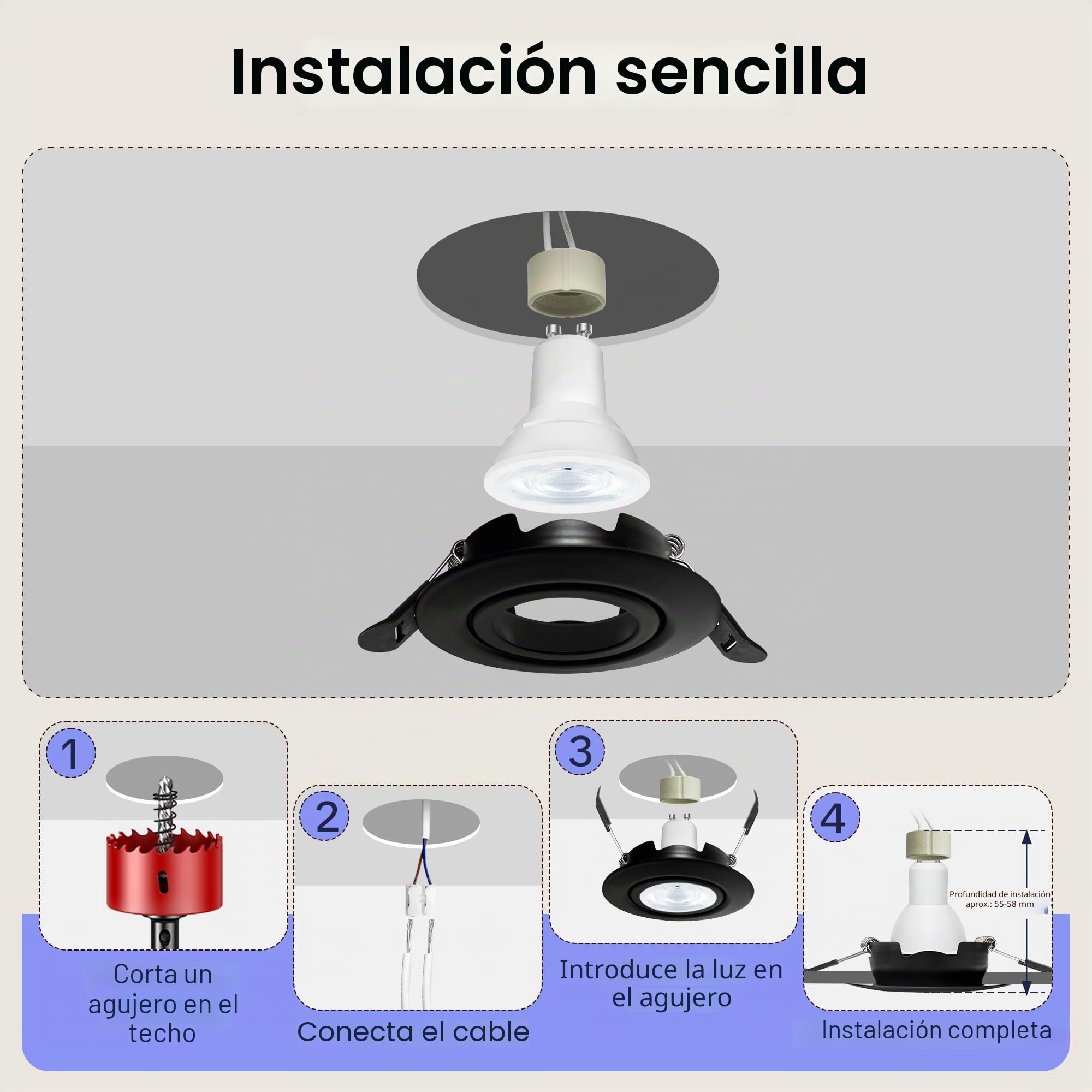 10 x Marco Foco Empotrable GU10, Marco Focos Negro Redondo, 45° Orientable Ojos de Buey, Foco Empotrable LED Techo 230V con Portalámparas GU10 para Lámparas de LED o Halógena