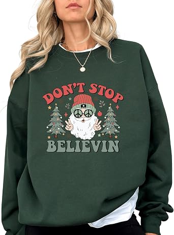Daytee Dont Stop Believin Santa Sweatshirt - Retro Hippie Peace Sign Holiday Sweater - Funny Xmas Jumper for Women White