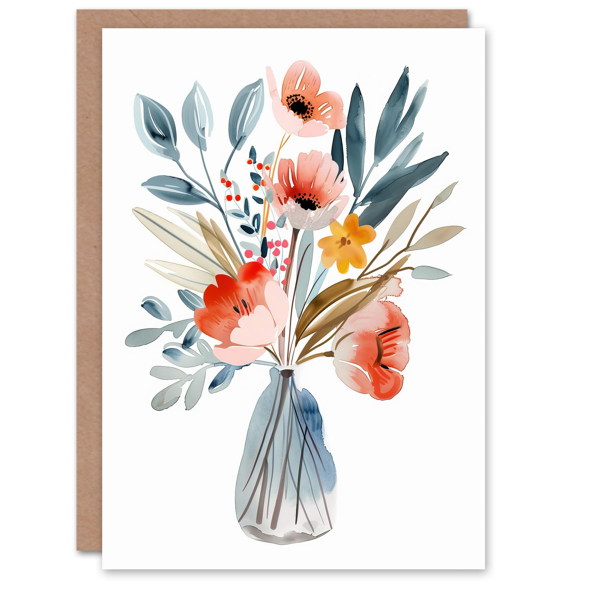 Artery8 Greeting Card Wildflower Bouquet Vase Pastel Floral Watercolour Pink