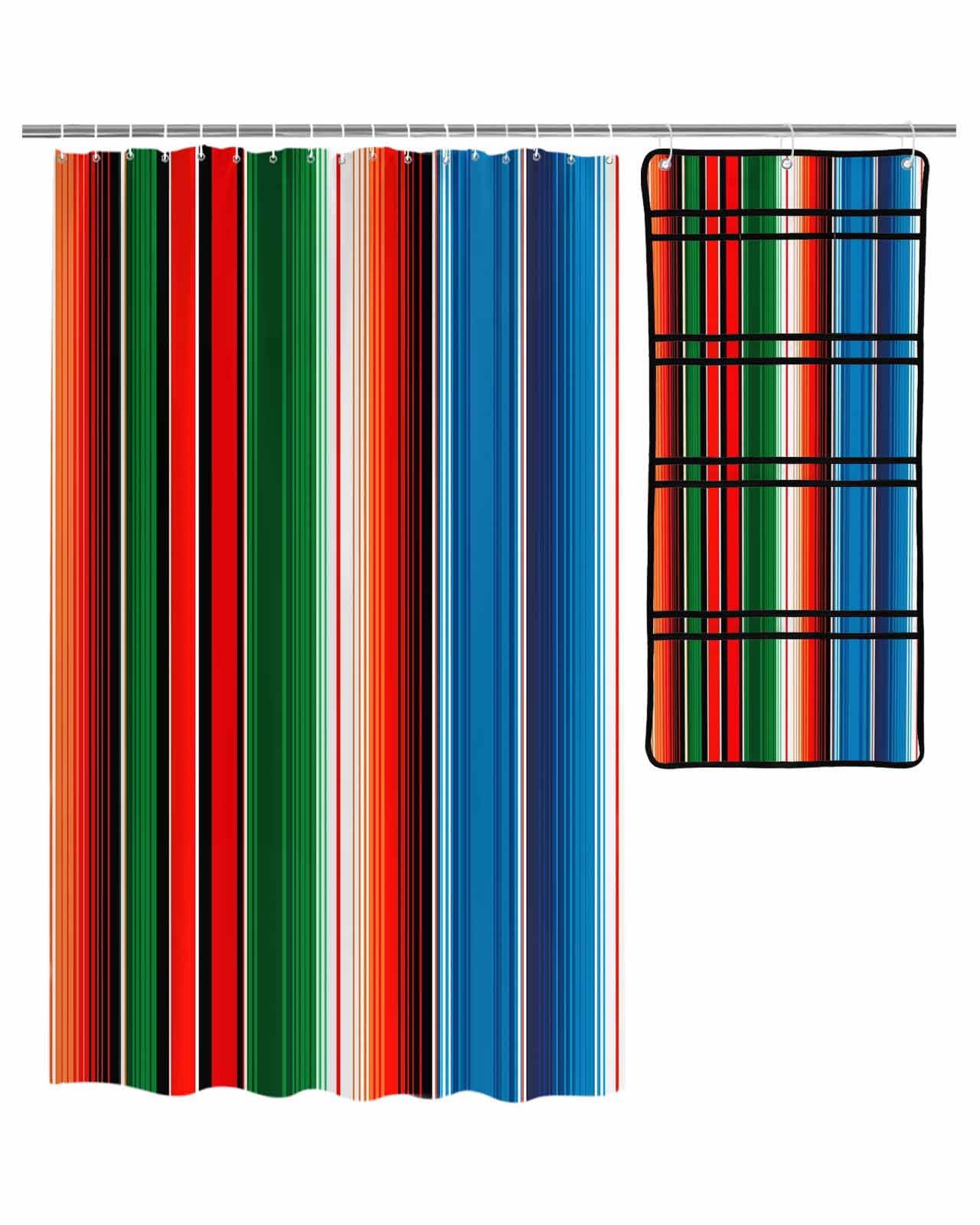 TocaHome Decorative Shower Curtain Sets Mexican Colorful Stripes Polyester Fabric Waterproof Bath Shower Curtains Mesh Shower Caddy Hanging