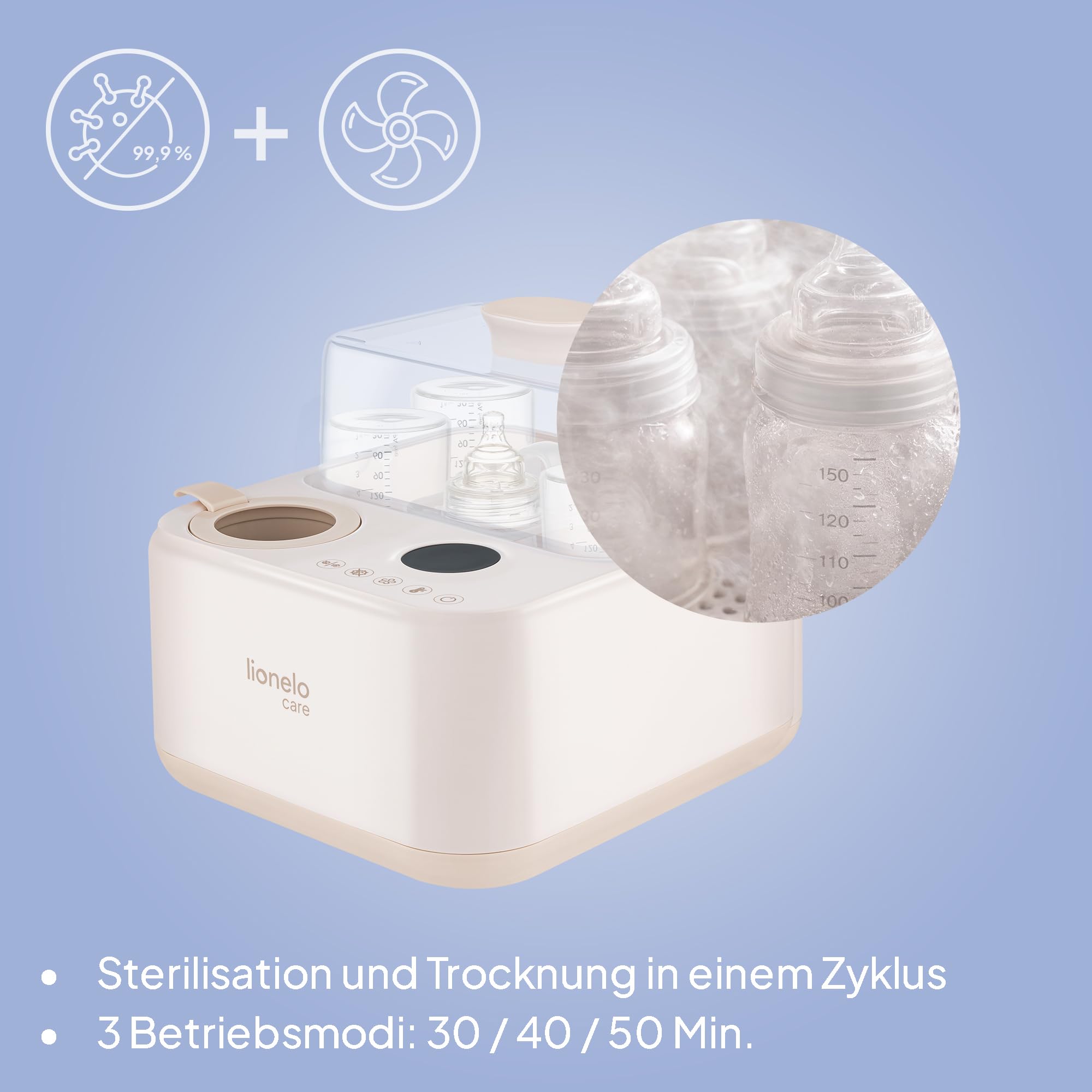 Lionelo SteamUp 3in1 Sterilisator für Babyflaschen mit Trockner & Flaschenwärmer Baby, Dampfsterilisator für 4 Flaschen, 99,99% Keimreduktion, Touchpanel, Abschaltautomatik, BPA-frei
