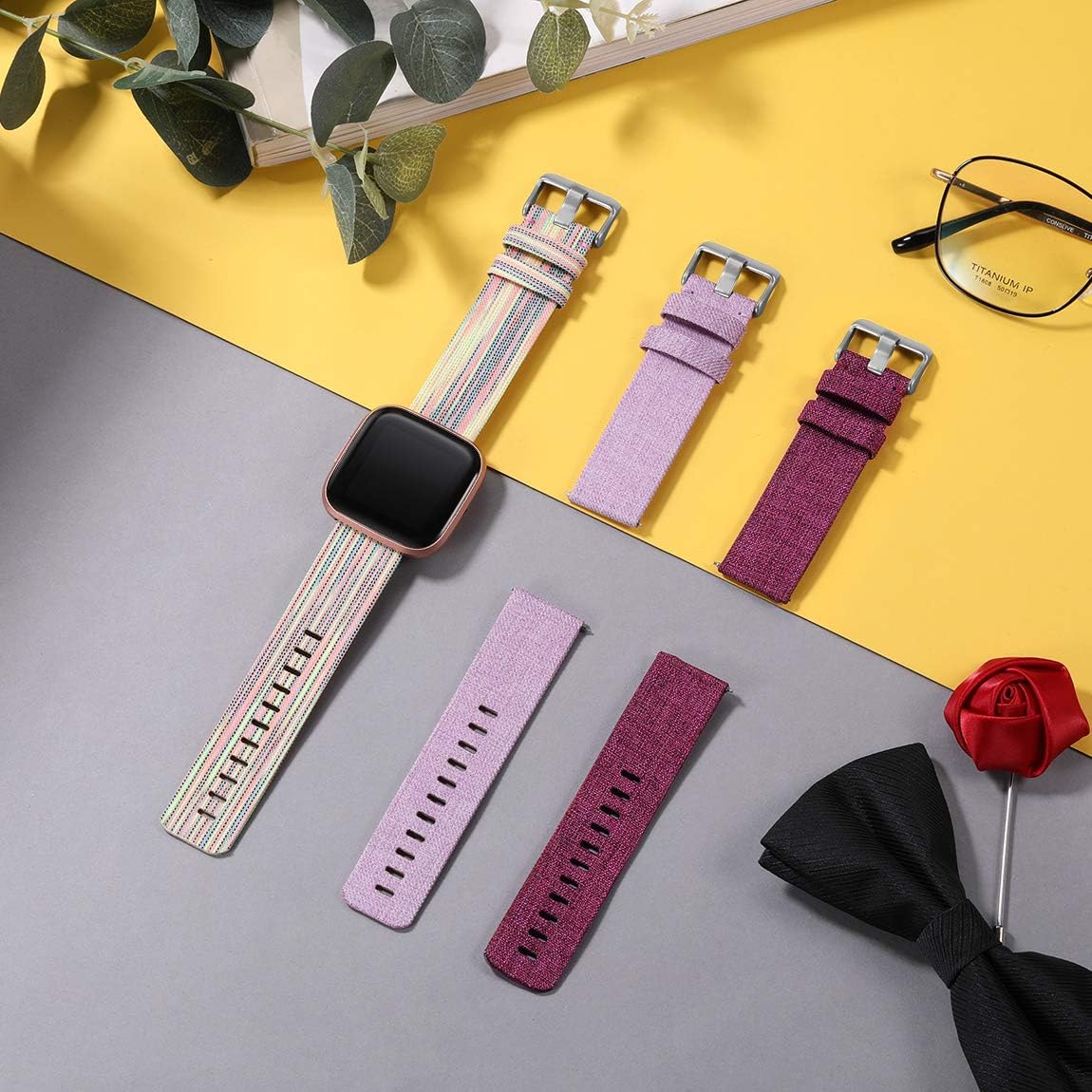 Maledan Compatible with Fitbit Versa/Versa 2/ Versa Lite Bands Large, Soft Versa Woven Watch Band Strap Adjustable Wristband Replacement for Women Men, 3 Pack Fuchsia/Rainbow/Lavender