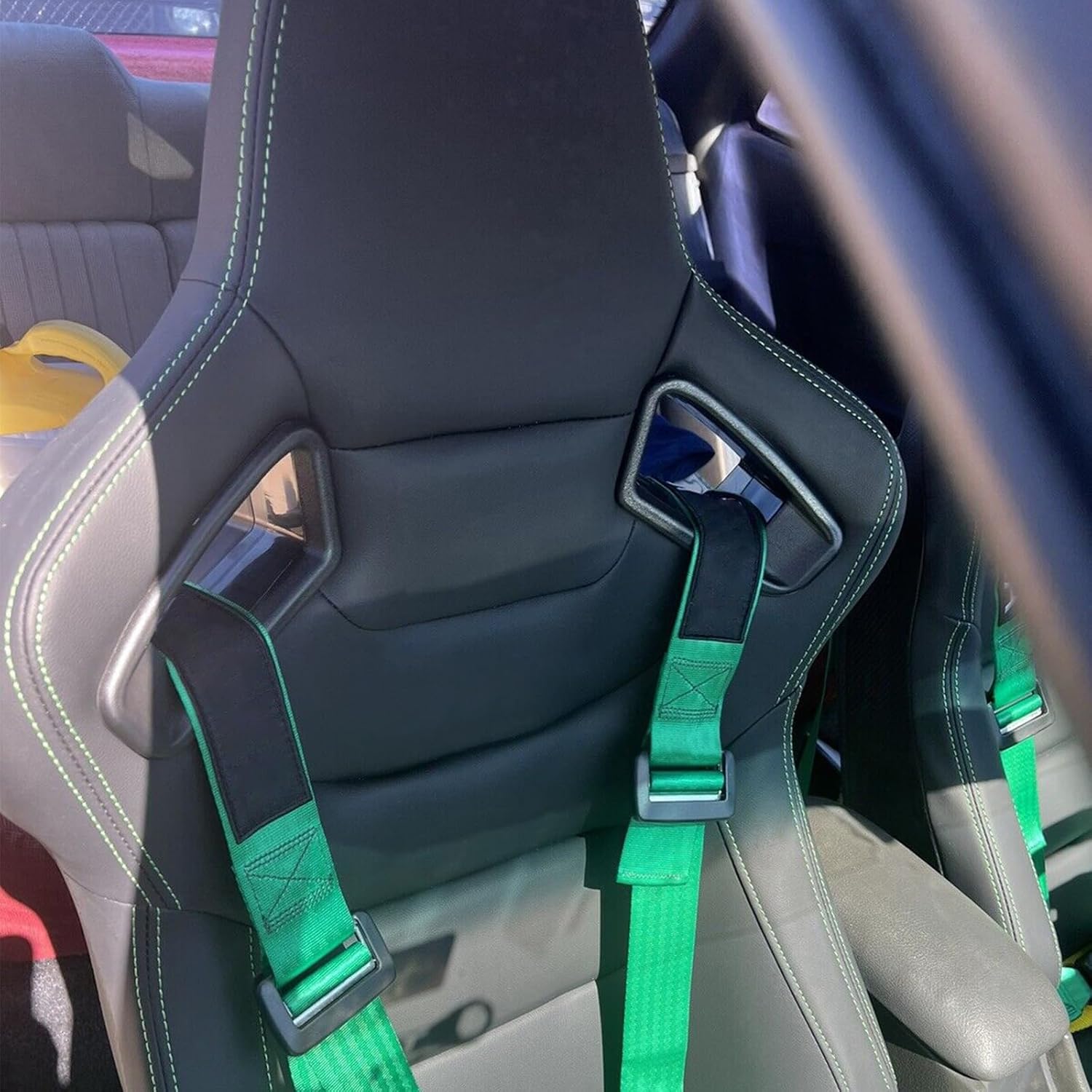 Universal Pairs of Racing Seat with Dual Sliders, PU Leather Front+Carbon Leather Back Reclinable Bucket Seat, Black+Green Stitch