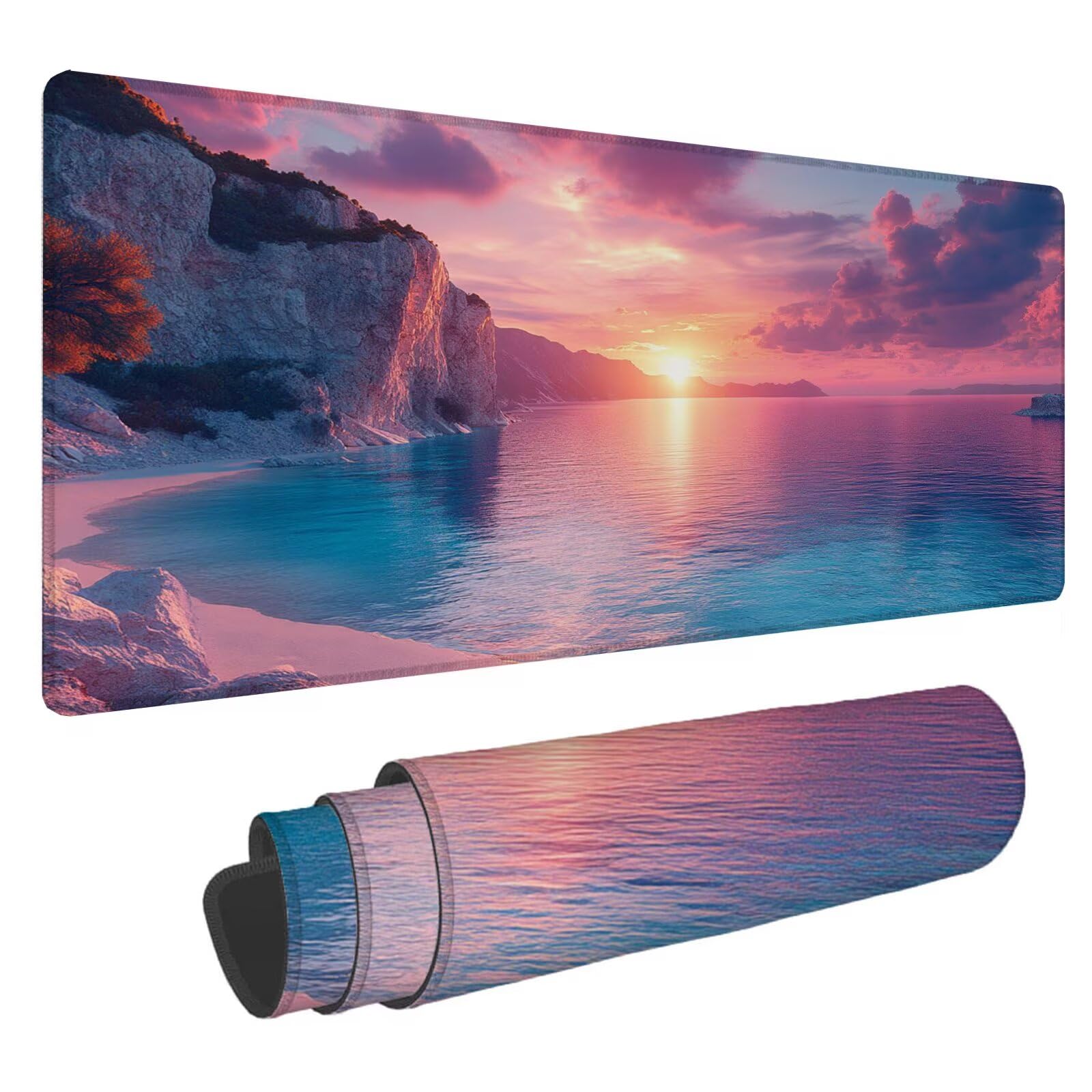 Podkładka pod mysz z zachodem słońca XXL plaża 1600 x 800 x 4 mm podkładka pod mysz do gier, duża wodoodporna antypoślizgowa podkładka na biurko, podkładka pod mysz szyte krawędzie dla graczy,