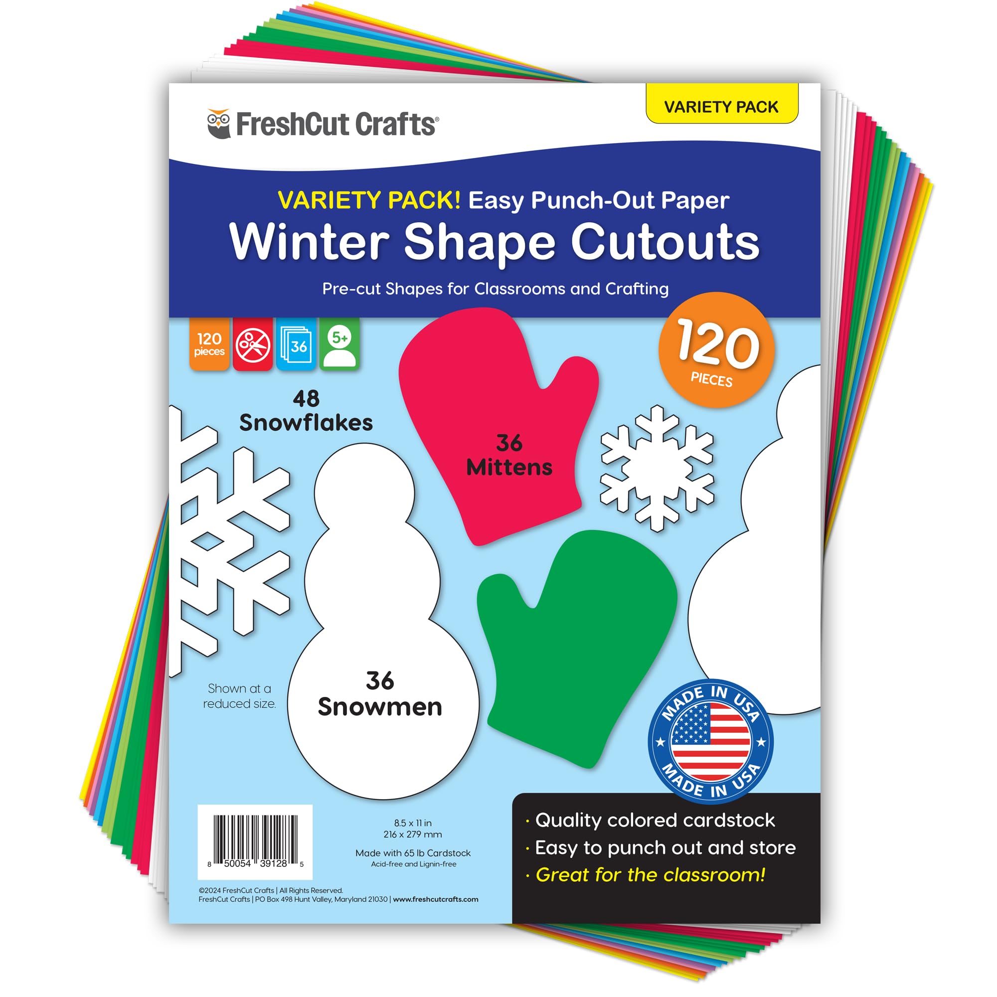 120 Pieces Snowflakes, Mittens, and Snowman Punch Out Paper Cutouts on 2-Sided, US Made Card Stock for Christmas Crafts, Bulletin Boards, Classroom