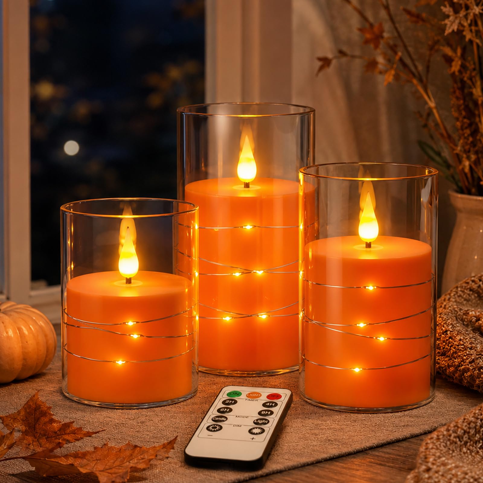 Flameless Candles Light, Set of 3 Flickering LED Candle with Remote & Timer, Dimmable Real Wax Electric Candles Battery Operated, Star String Candle for Home Wedding Party Holiday Decor (Orange)