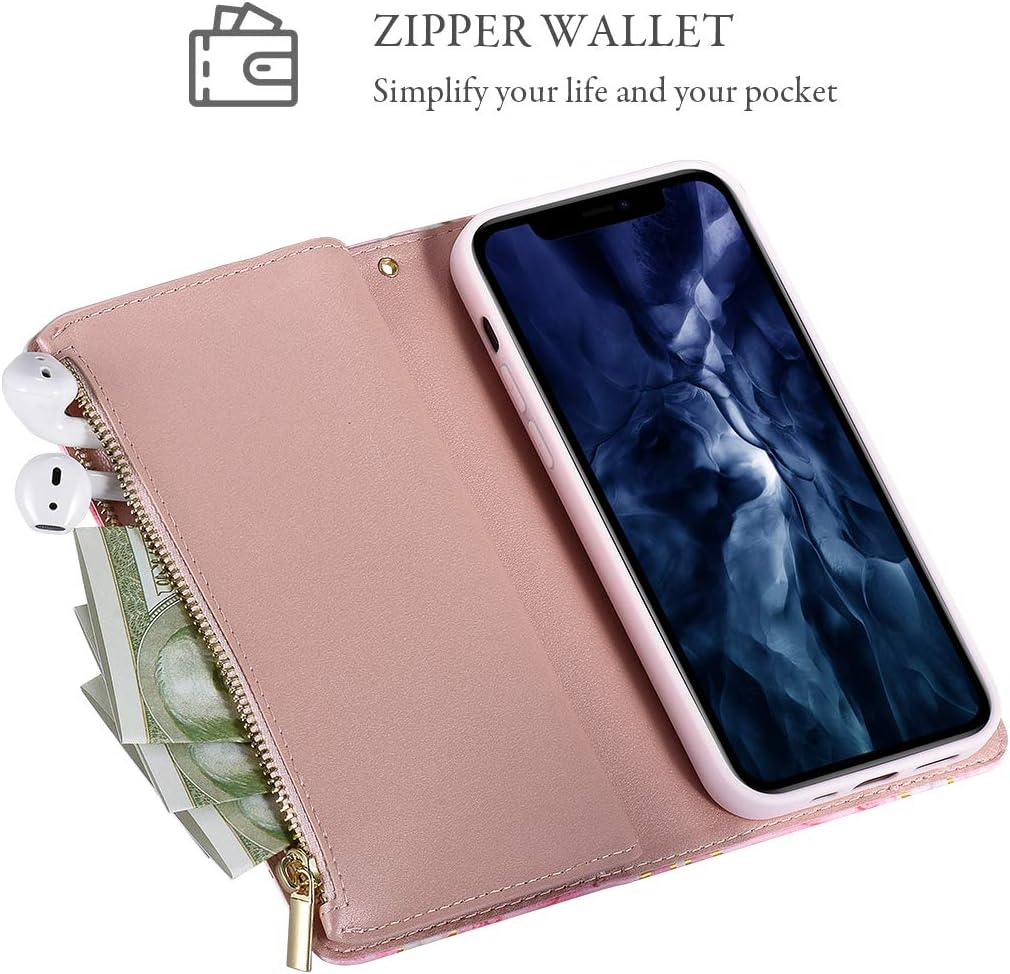 UEEBAI Wallet Case for iPhone 12/iPhone 12 Pro 6.1 inch, Premium PU Leather Magnetic Closure Handbag Zipper Pocket Case Kickstand Card Slots with Hand Strap Shockproof Flip Case - Pink&Purple