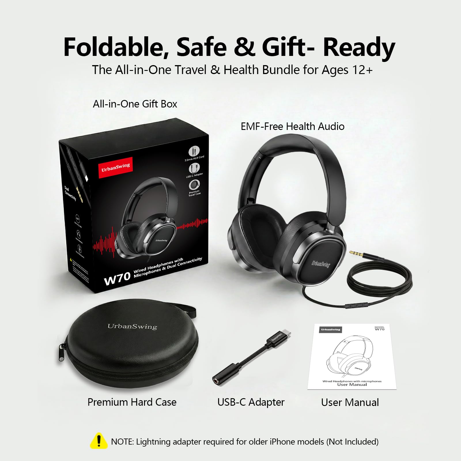 URBAN SWING W70 Przewodowe słuchawki nauszne z mikrofonem, adapter USB-C plus gniazdo 3,5 mm i etui podróżne Hardshell, bardzo długi pleciony przewód 1,5 m do iPada, iPhone'a 16/17, Samsung, PS5