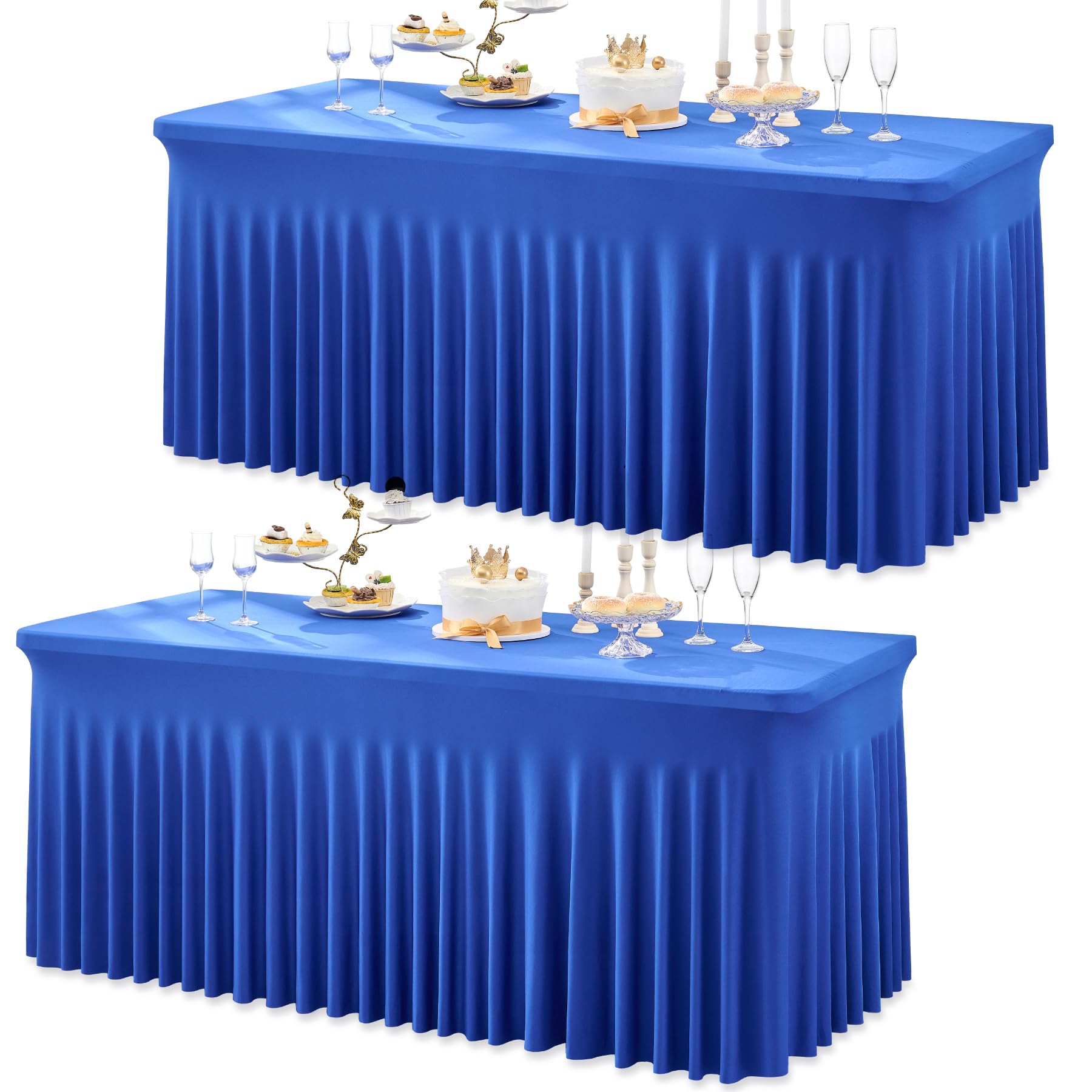 Paquete de 2 manteles de elastano azul rey para mesas rectangulares de 6 pies, sin arrugas, manteles elásticos de 6 pies con falda para fiestas, bodas, cumpleaños, banquetes, baby shower