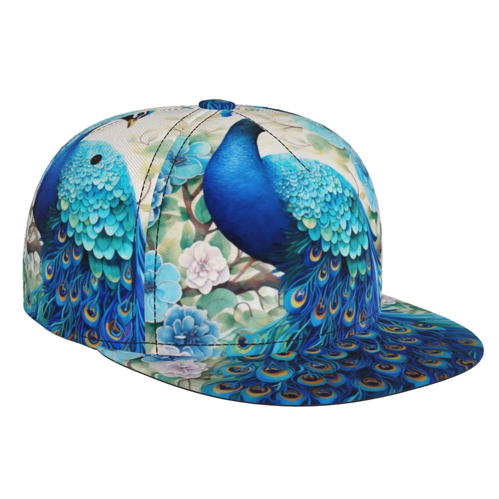 Qazwzml Unisex Black Oriental Blue Peacock Print Flat-Brim Baseball Cap | Trendy Street Style | Everyday Wear And Summer Travel Sun Hat