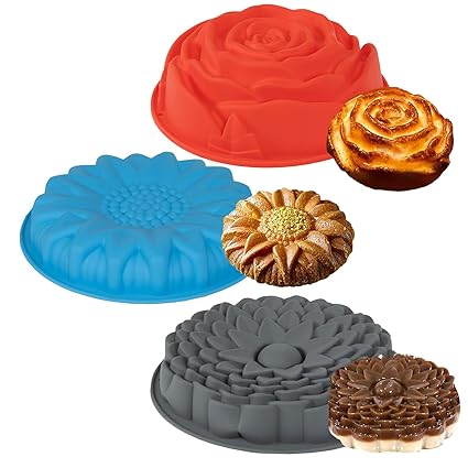 Minmallife Silicone Flower Cake Mould (Set of 3) - Red/Blue/Gray - novely cake mold