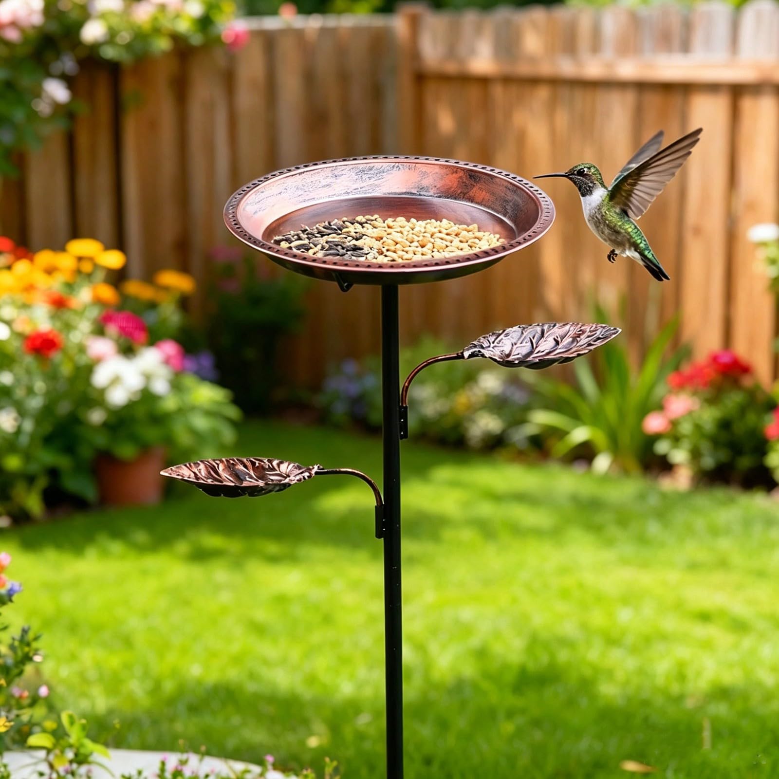 Bain d'oiseaux en MéTal avec 2 Mangeoires pour L'ExtéRieur, Support Vertical pour Jardin(Antique Bronze)