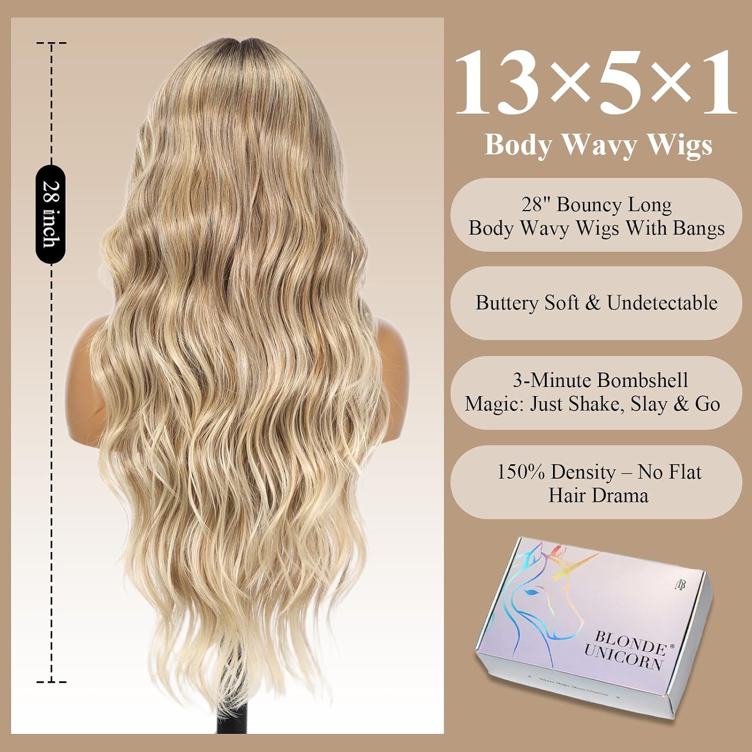 Dirty Blonde Synthetic Lace Front Wig【Beginner-Friendly Wigs】,Long Body Wavy Wigs With Bangs,T Part Glueless Wigs for Women Cosplay Daily Use 28IN (#TT4/T2713)