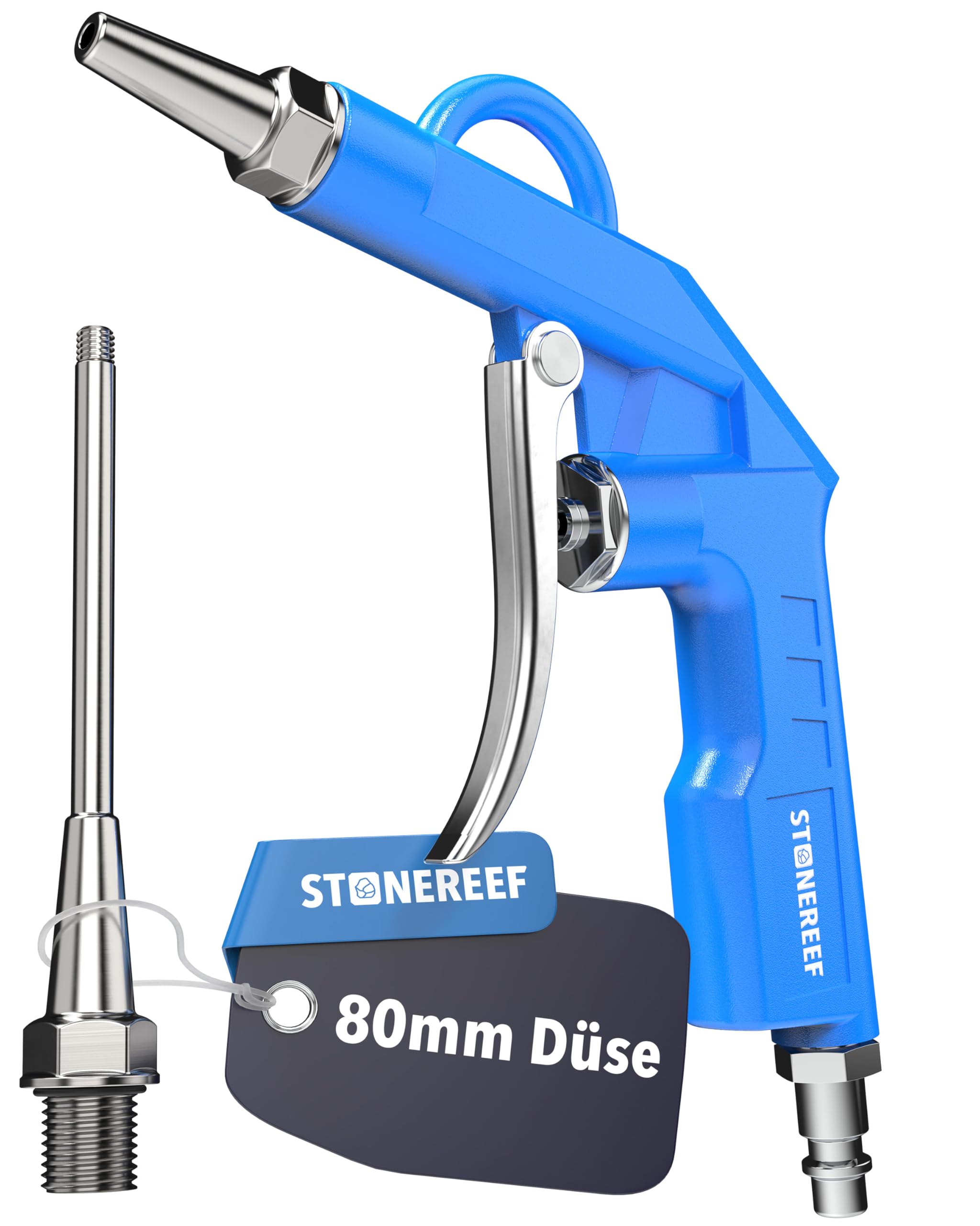 Ausblaspistole Druckluft – Alu-Gehäuse, 12 bar, 1/4 Zoll Anschluss – Blaspistole mit 80 mm Düse – Für Werkstatt, Reinigung, Kompressor, Luftdruck & Auto