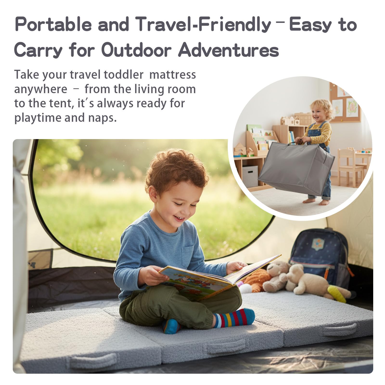 Tiita Matelas de sol à trois volets pour enfants, chaise pliante avec housse lavable en machine, tapis de sieste portable pour tout-petits avec sac de rangement pour filles et garçons