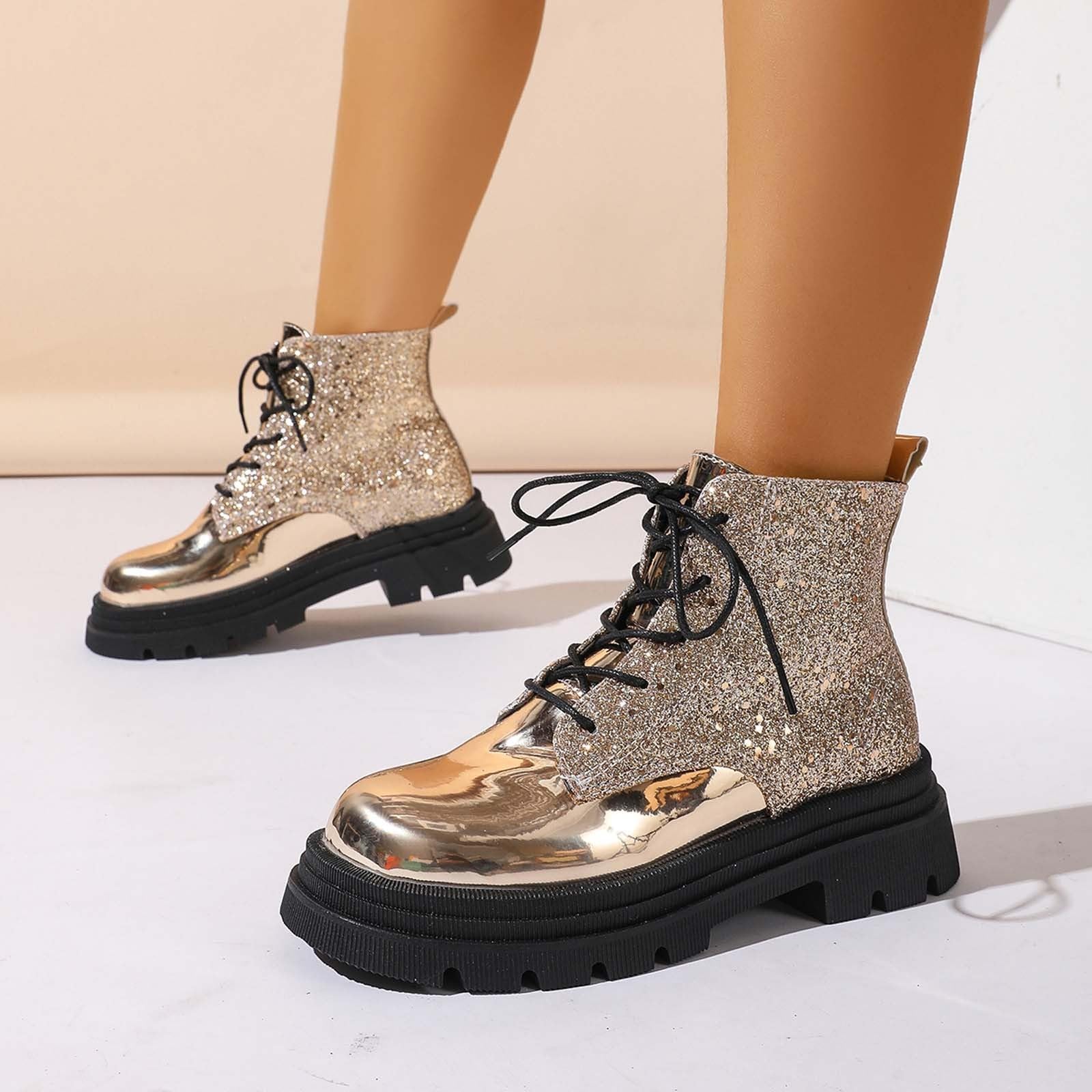 Elegantes Botines Con Punta Redonda Brillante Tacón Plataforma Cordones Estilo Occidental Para Mujer Botas de tobillo de moda para el día a día sólido