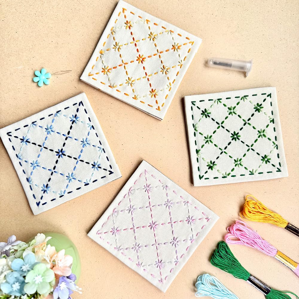 4 Pack Sashiko Embroidery Coaster Kit for Beginners, Minimalist Square Fabric Sashiko Stitching Handmade Cup Mat Set, Complete DIY Sewing Art Craft Supplies with Detailed Instruction Guide