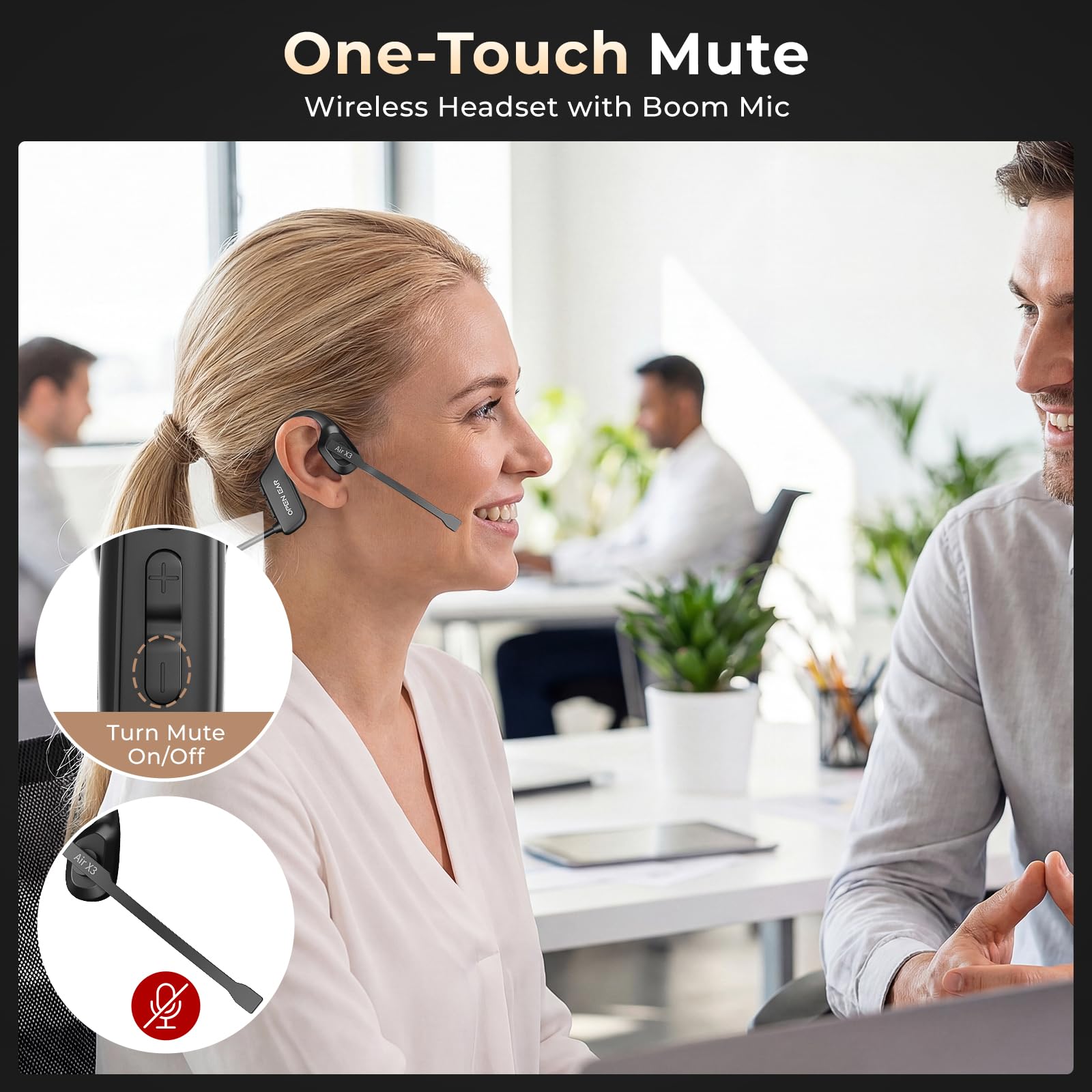Cuffie aperte con microfono, cuffie wireless con microfono per chiamate di lavoro, microfono con cancellazione del rumore AI, cuffie Bluetooth Trucker a conduzione d'aria con pulsante mute, 32 g