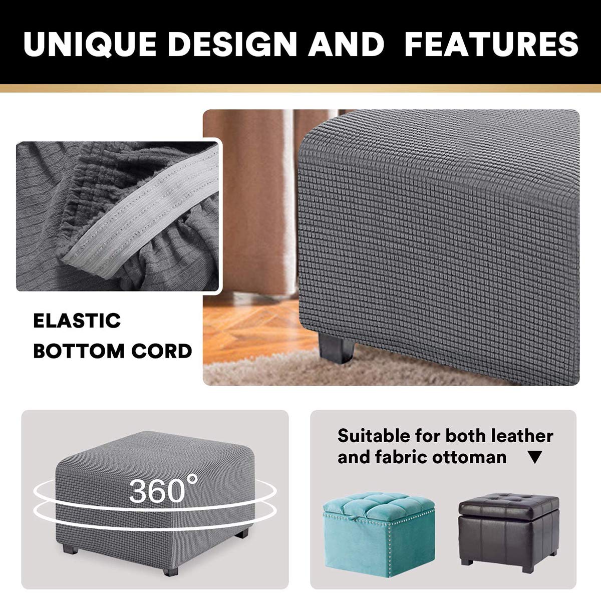 Copri Pouf Elasticizzato, Copridivano, Copertura Dell'Ottomano In Tessuto Elastico Fodera Per Rivestimento Jacquard (Grigio,Large)