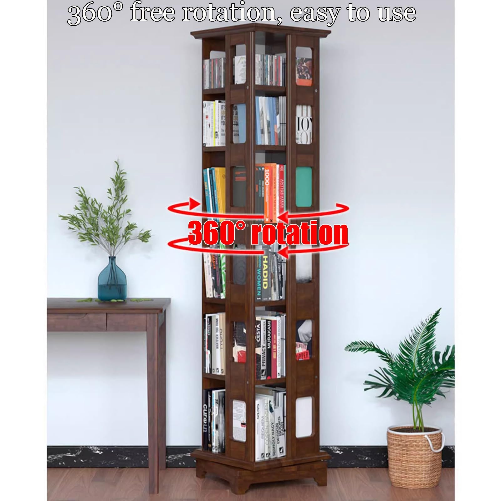 Libreria Girevole In Legno Massello Di Pino 360° - 6 Ripiani, Cilindrica, Per Ufficio, Camera, Soggiorno