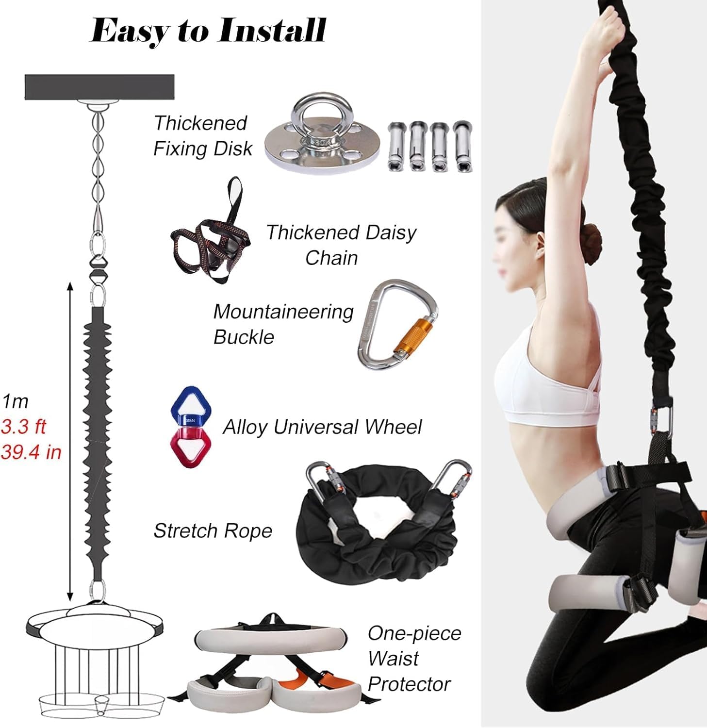 Pilates Bungee Elastic with Breathable Belt & with Installation Accessories, Bungee Yoga Bands, Indoor Training Elastic Bands for Aerobics & Balance Improvement
