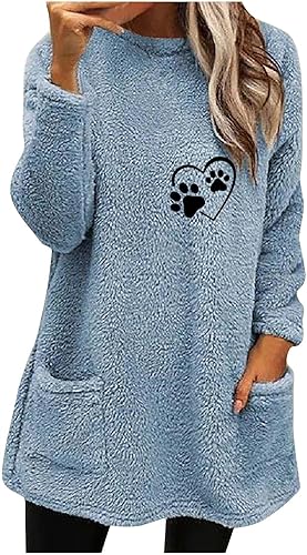 Leodye Sudadera de forro polar Sherpa para mujer, casual, cuello redondo, para invierno, cálida, de piel sintética, ropa de descanso, con bolsillo