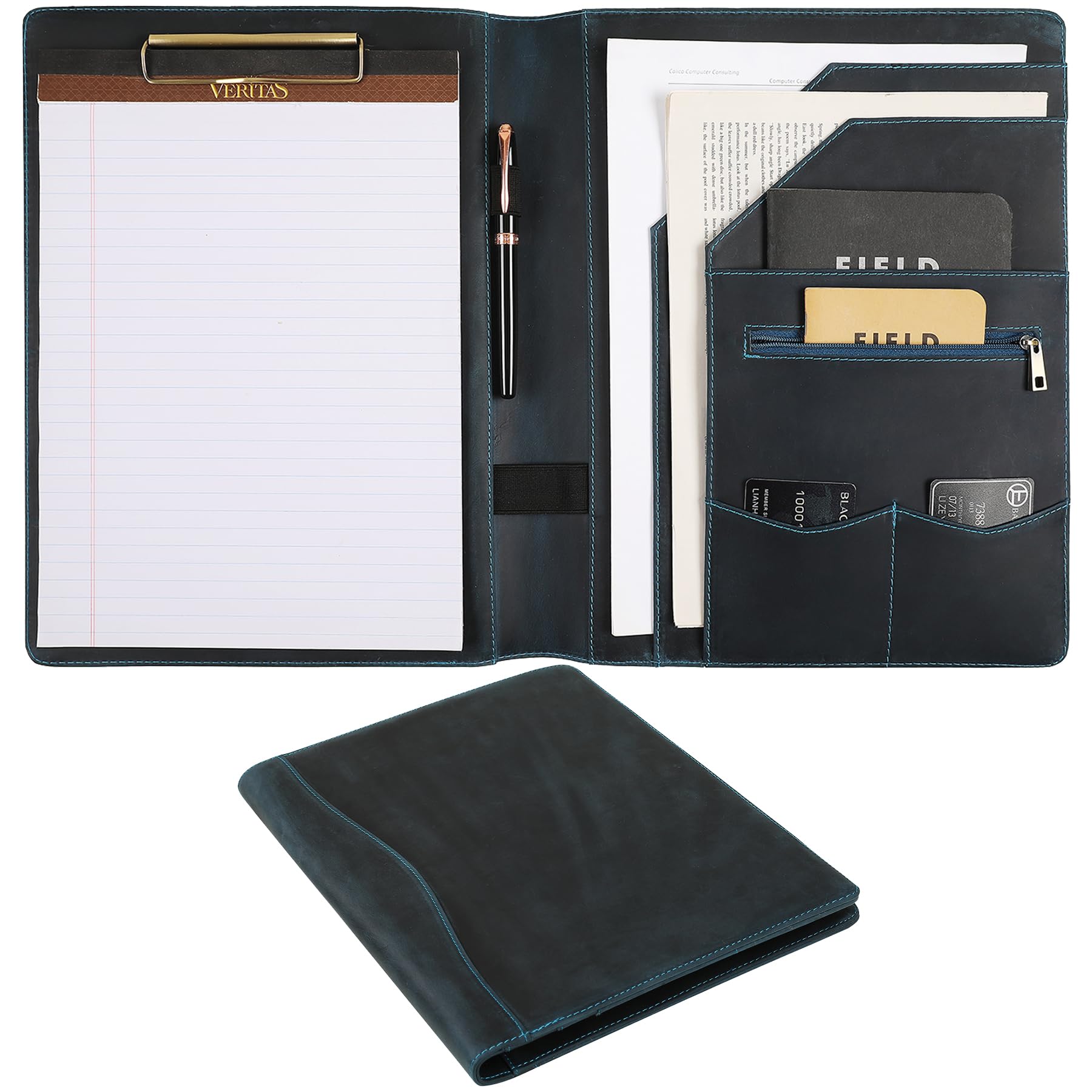 Portfolio-Mappe aus echtem Leder, für Linkshänder, Business-Organizer, Lebenslauf-Ordner, A4-Dokumentenmappe, Rechtsblock-Padfolio für Damen und Herren