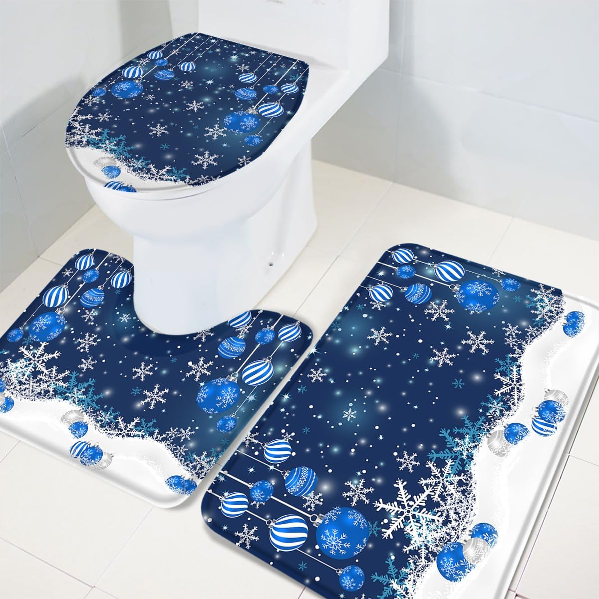 Christmas 3 Piece Bath Rugs Set Blue Xmas Balls Dreamlike Snowflake Winter Non-Slip Bathroom Mats Absorbent Contour Soft Mat Toilet Lid Cover Bathroom Decor Set, 18"x30"+14"x18"+15"x18"