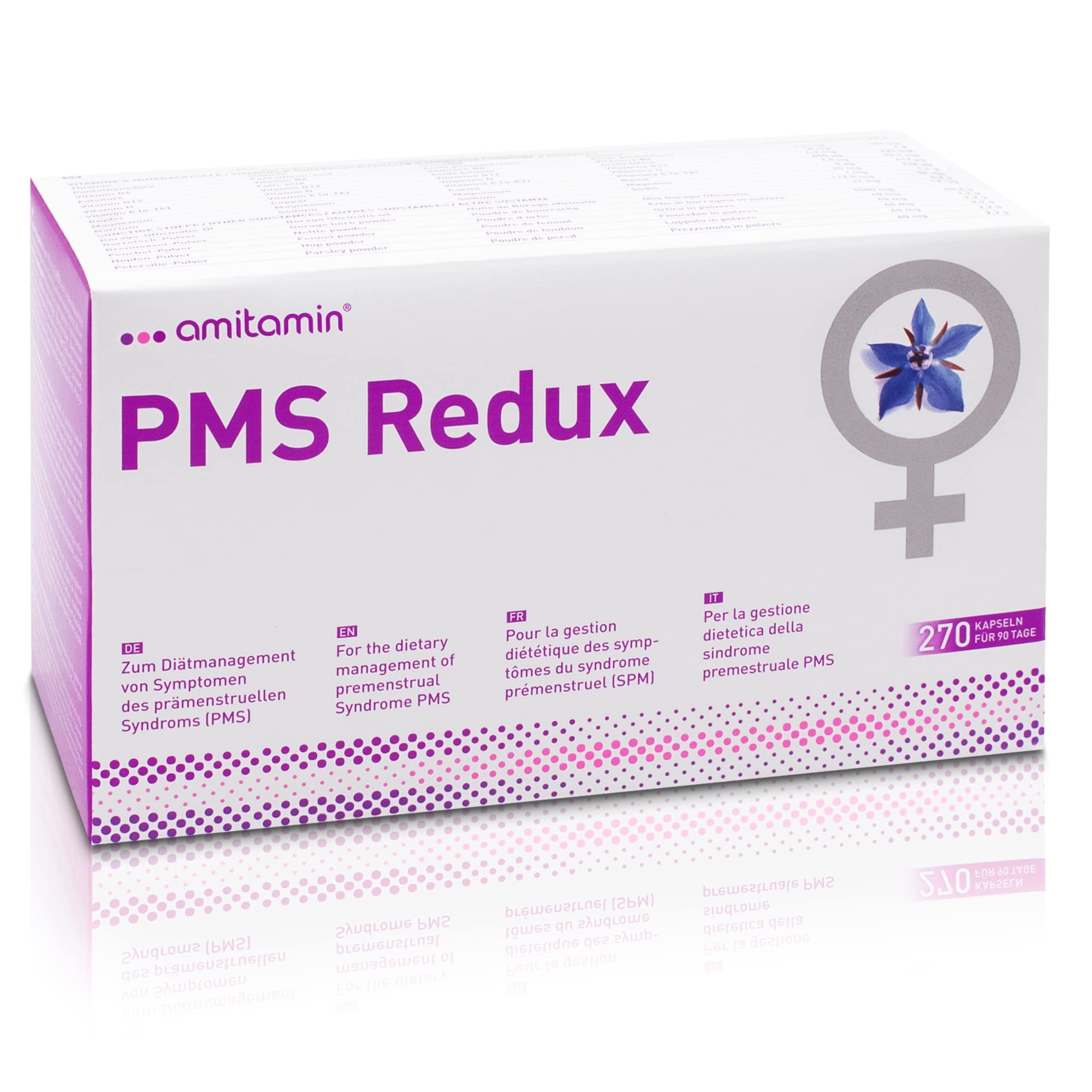 amitamin© PMS Redux | Hormon Balance Frau | 270 Kapseln | erfolgreich klinisch getestet | 16 Nährstoffe: Folsäure, Vitamin B1, B6, B12, D, E, Kupfer, Magnesium uvm. | seit 2010