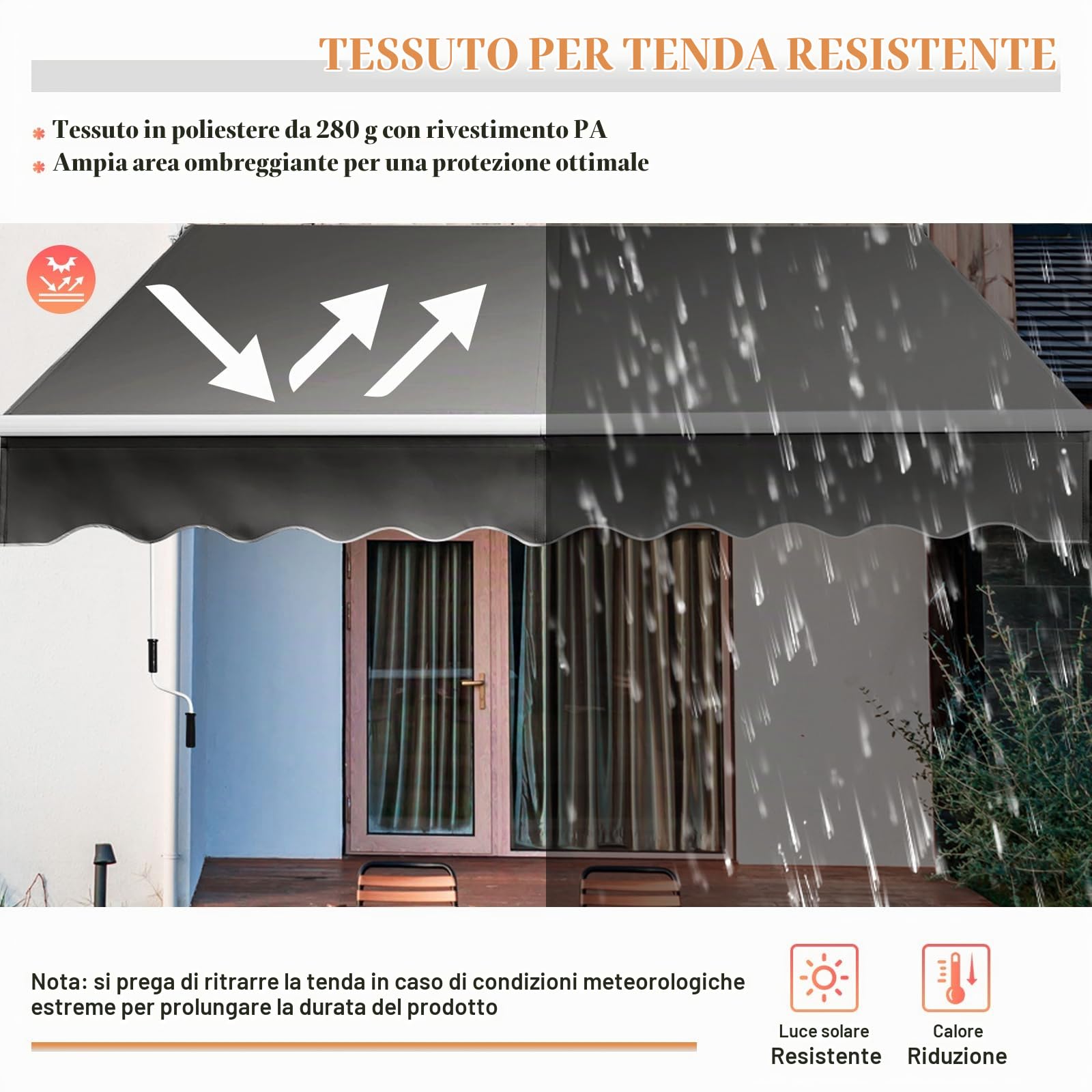 HOMASIS Tenda da Sole a Bracci Estensibili, Tenda Parasole con Protezione UV, Tenda da Balcone con Manovella, Angolo Regolabile da 40-100°, per Giardino e Terrazza (245x200cm, Grigio)