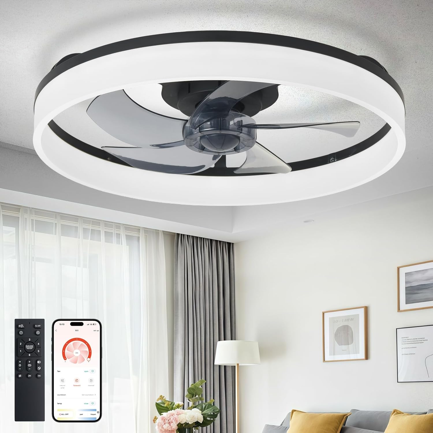 DLLT LED Ceiling Fan with Light: 20" Modern Low Profile Flush Mount Fandelier with App & Remote Control - Dimmable Black Bladeless Fan Light Fixture for Bedroom Kids Room Living Room Black 20 Inch
