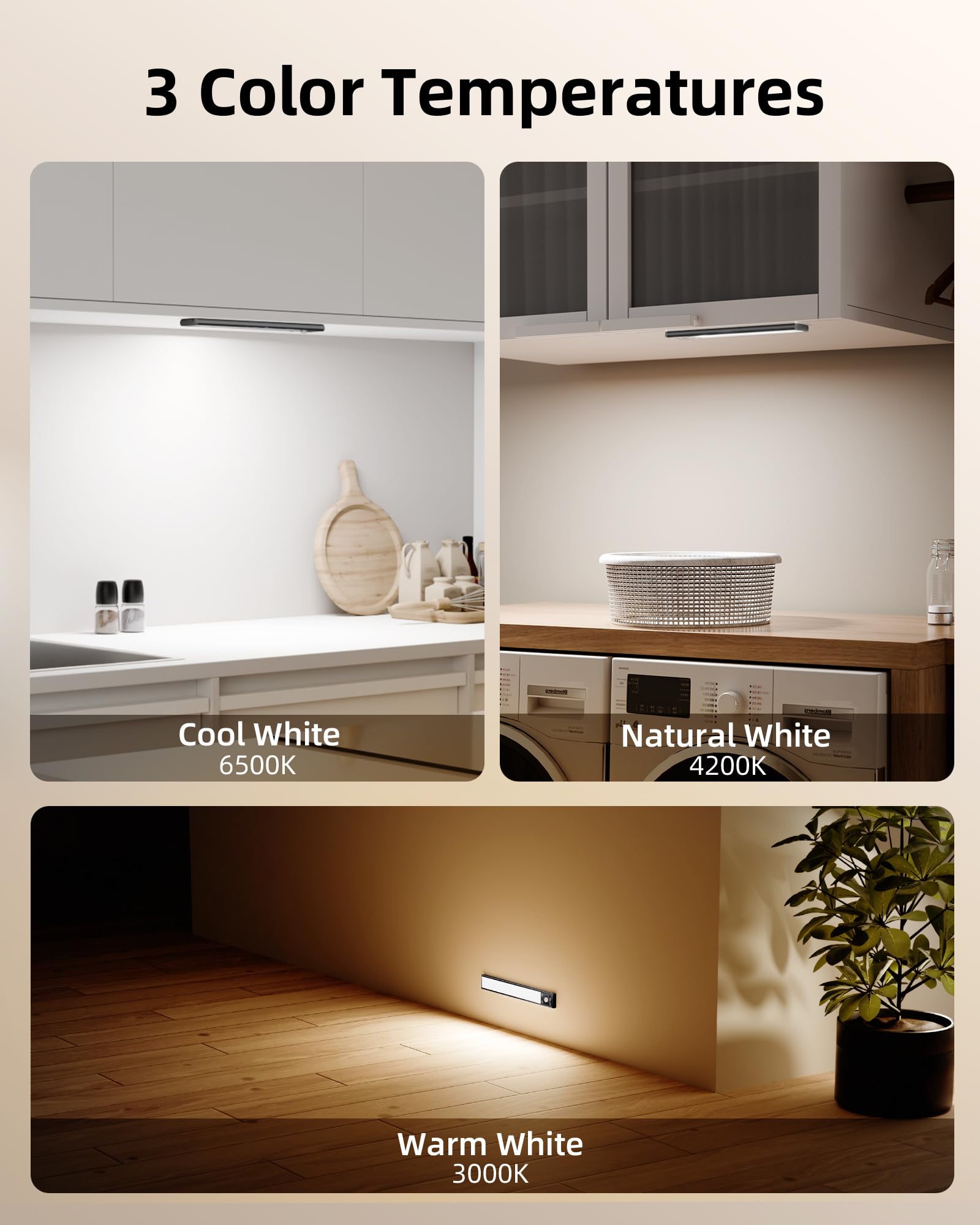 EZVALO Cucina Armadio Luce LED 20CM, 62 LED con Rilevatore di Movimento, 3 Modalità di Colore Dimmerabile Luci Armadio Ricaricabile senza Fili per Armadio, Cucina, Scale, Nero (2 Pezzi)