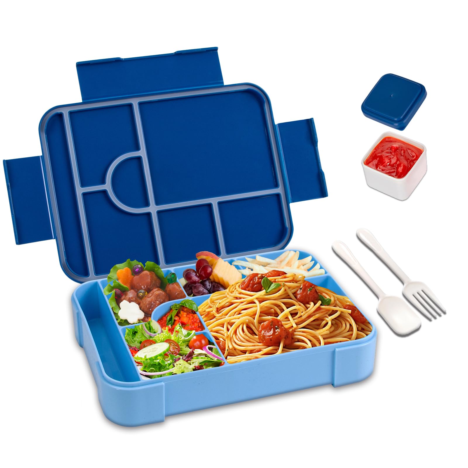lompyeu Brotdose Kinder mit Fächern, 1330ML BPA Frei Jausenbox Kinder (Löffel & Gabel), Wiederverwendbar Bento Box，Lunchbox Vesperdose für Schule,Picknick, Mikrowellen (blau)