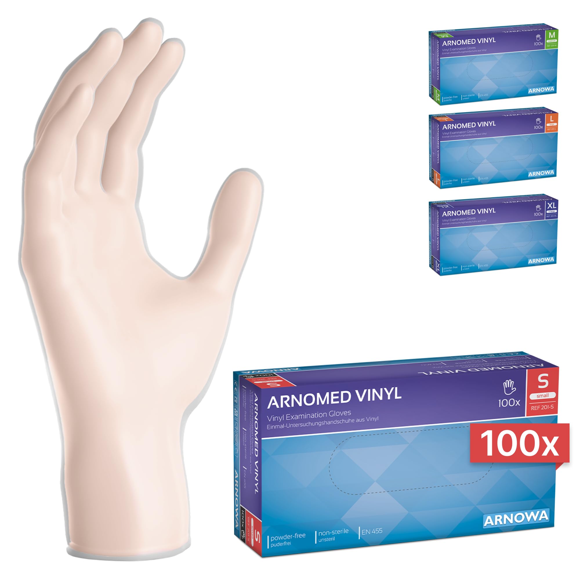 100x ARNOMED® Einweghandschuhe S, Vinyl Handschuhe, Einmalhandschuhe | Handschuhe Einweg puderfrei, Gummihandschuhe Einweg latexfrei, Einweg Handschuhe, Einmalhandschuhe in S, M, L, XL bei Günstiger Preis
