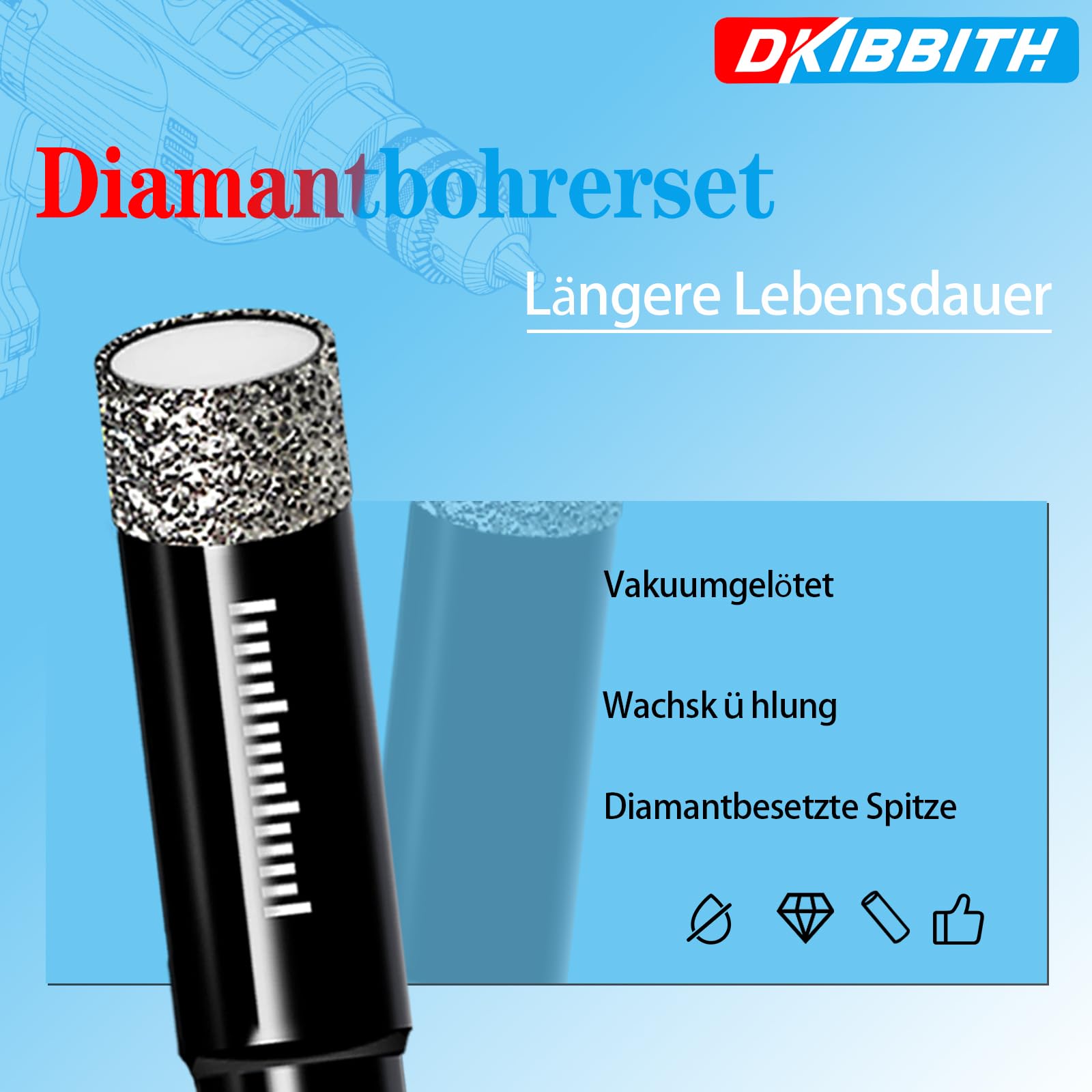 DKIBBITH 10-teiliges Set Trocken-Diamantbohrer & Fliesenbohrer für Keramik, Porzellan, Marmor, Granit, Stein, Glas – Rundschaft 5mm(x2), 6mm(x3), 8mm, 10mm, 12mm + 2 Stück Mauerbohrer 6mm.