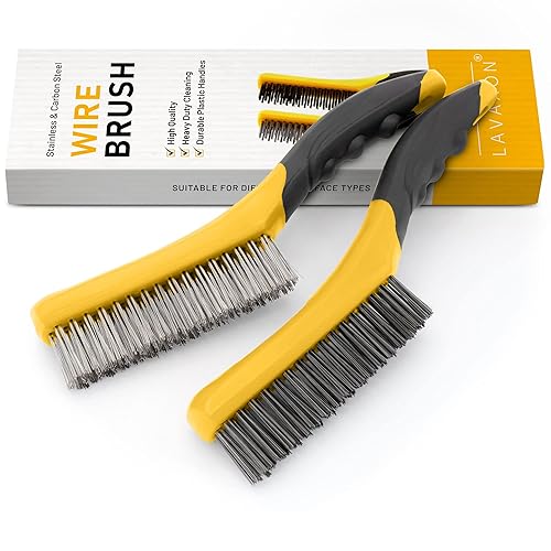 Miniatura 8 de Lavaxon Juego de cepillos de alambre, cerdas de acero inoxidable y acero al carbono resistentes con agarre de mango de plástico para óxido, escoria,