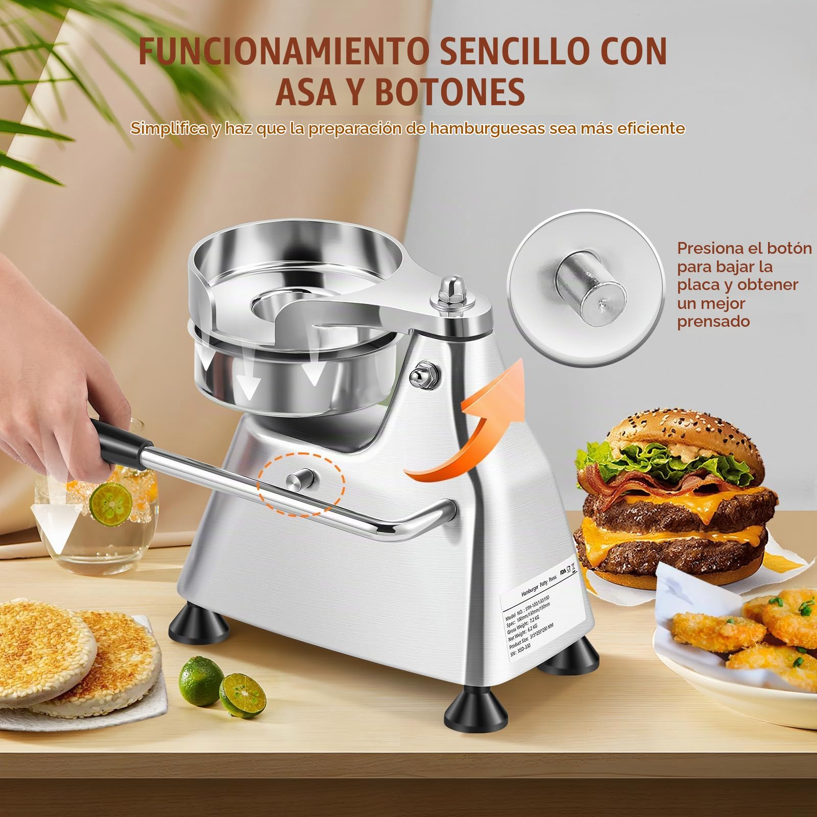 Moongiantgo 3-in-1 Máquina de Prensa de Hamburguesas de Acero Inoxidable | Prensa de Hamburguesa Comercial con 3 Bandejas Desmontables de Tamaño 4/5/6" & 1500 Papeles para Hamburguesas (10/13/15CM)